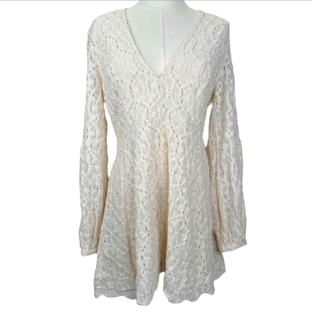 Free People Lace Dress Ivory Long Sleeve Floral VNeck US 12 Bridal Textured Boho